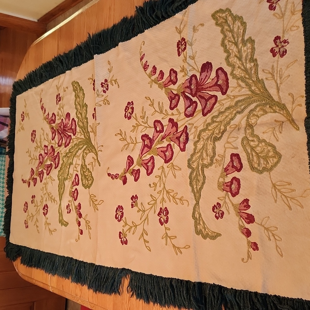 68" x 32" Wool Crewel Tapestry with fringe
